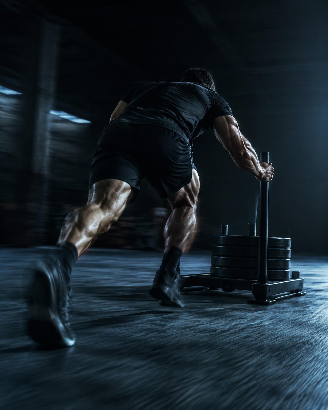 Athlete pushing a weighted sled in a dark training gym
